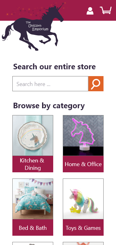 Screen capture of a high-fidelity prototype for the mobile version of the fictional Unicorn Emporium e-commerce site.