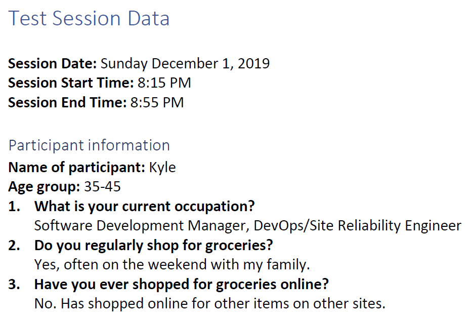 A record of the participant's info and session info.