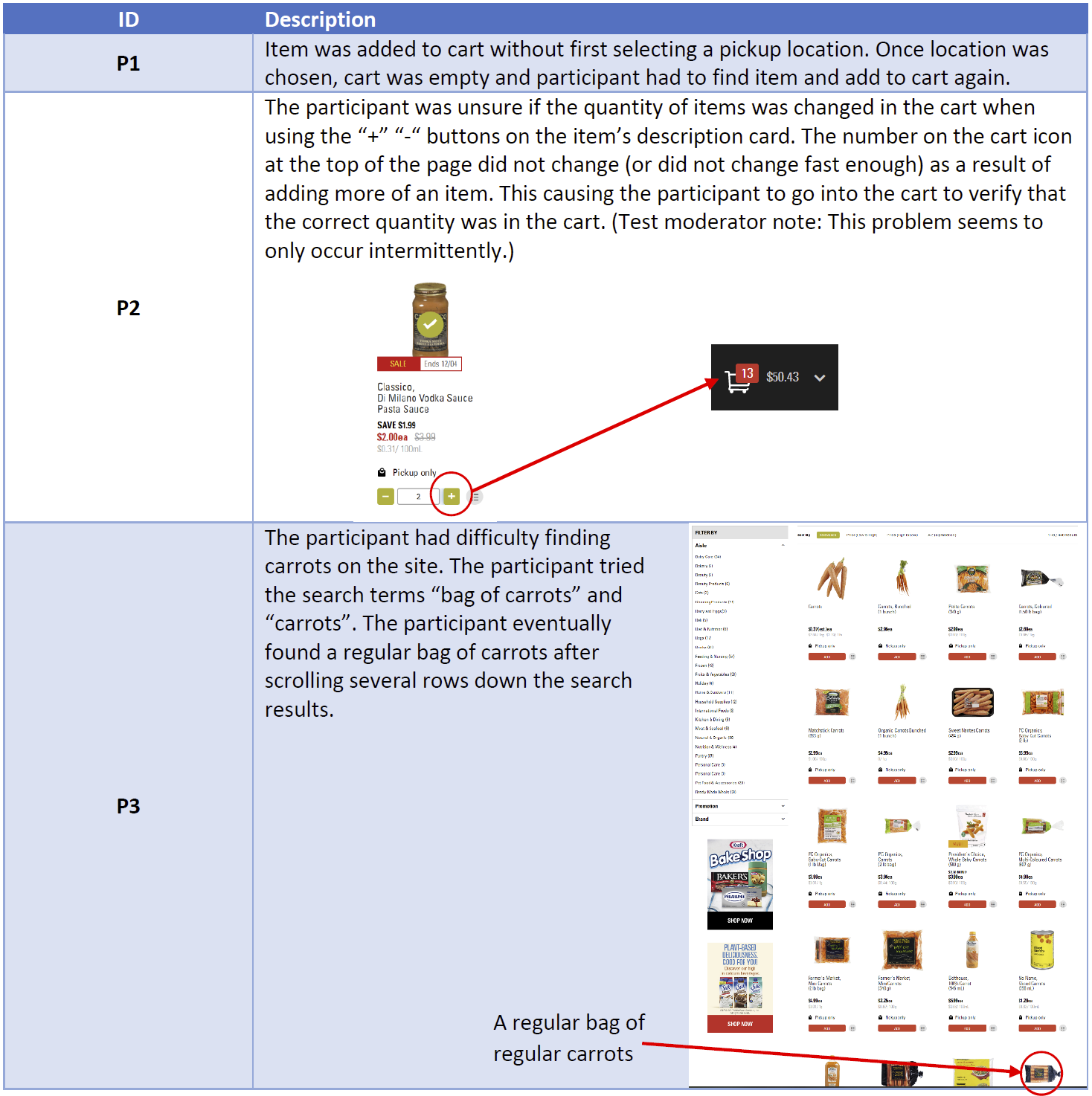 A record of problems encountered by the participant during the test.