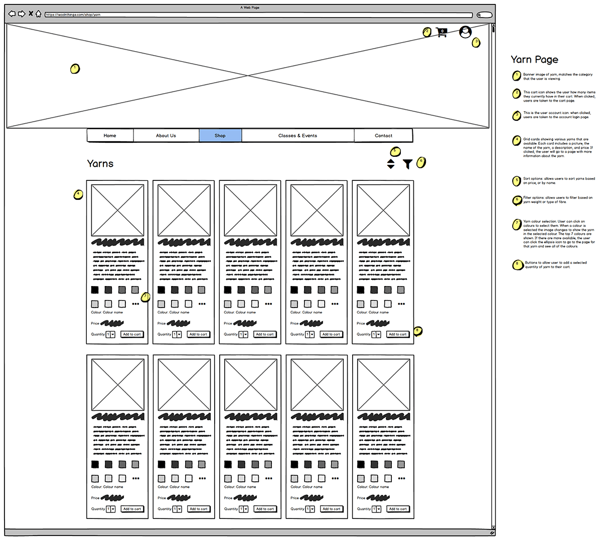 Wireframe for the yarn page of the Wool n' Things e-commerce site.