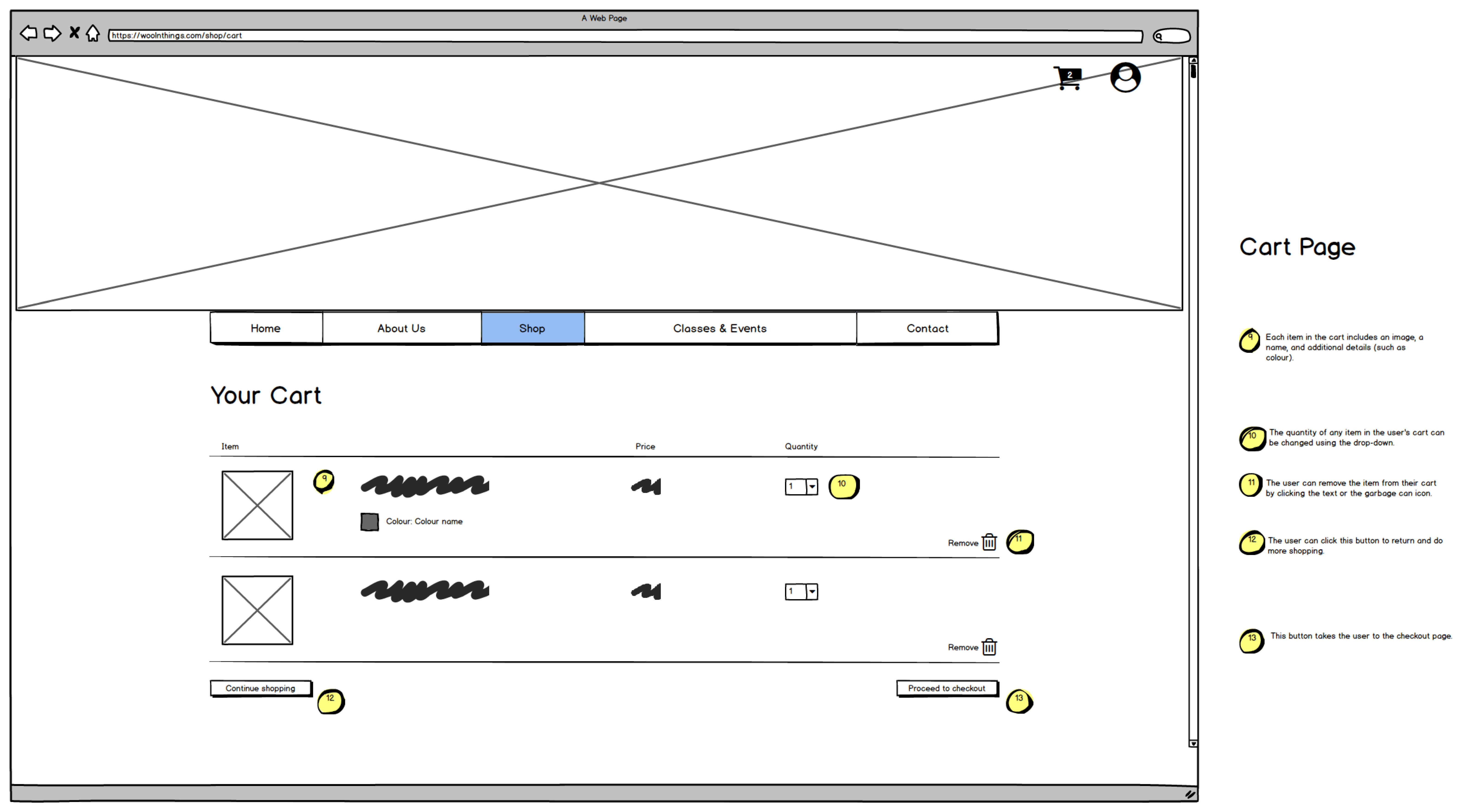 Wireframe for the cart page of the Wool n' Things e-commerce site.