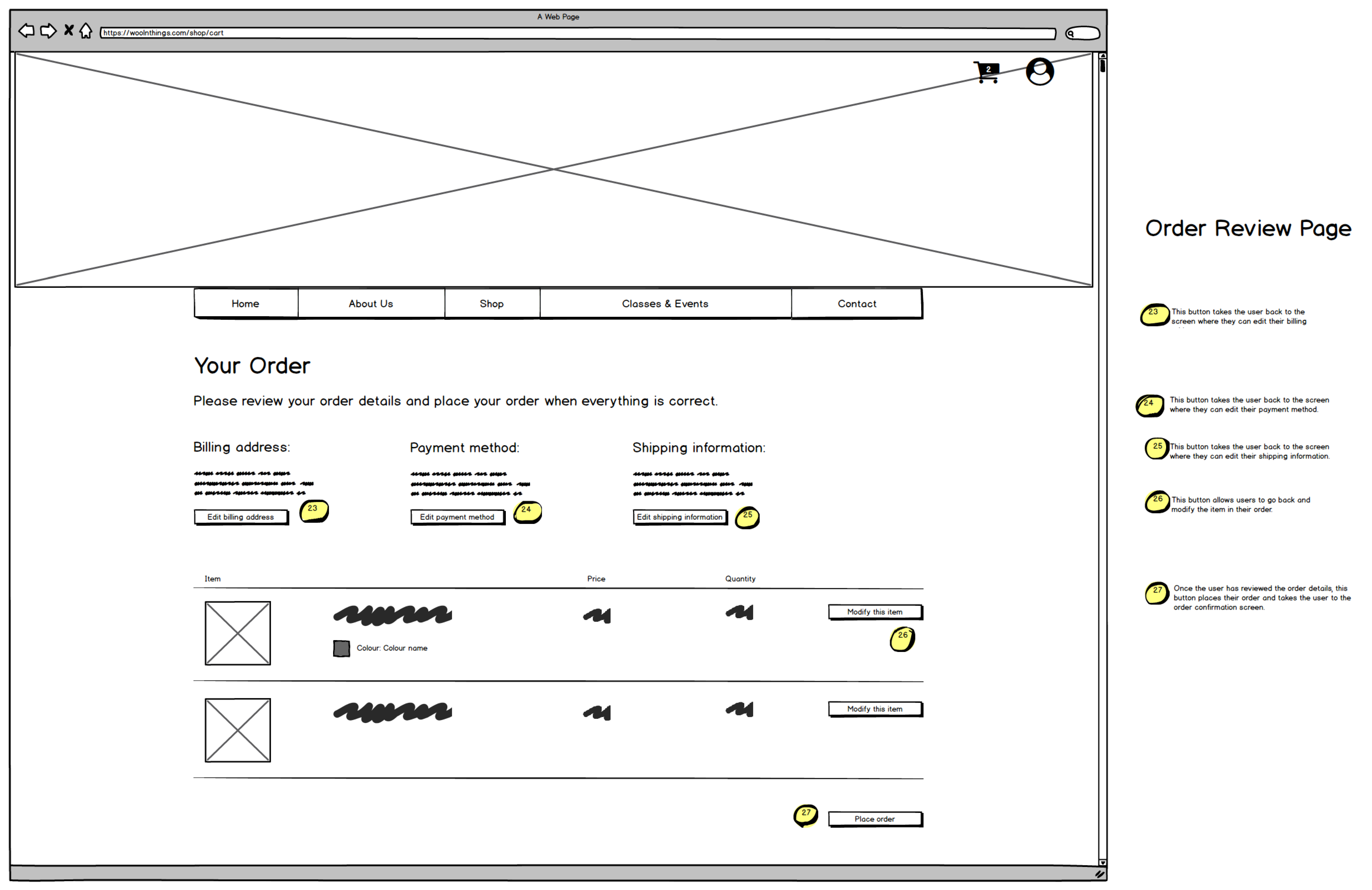 Wireframe for the order review page of the Wool n' Things e-commerce site.