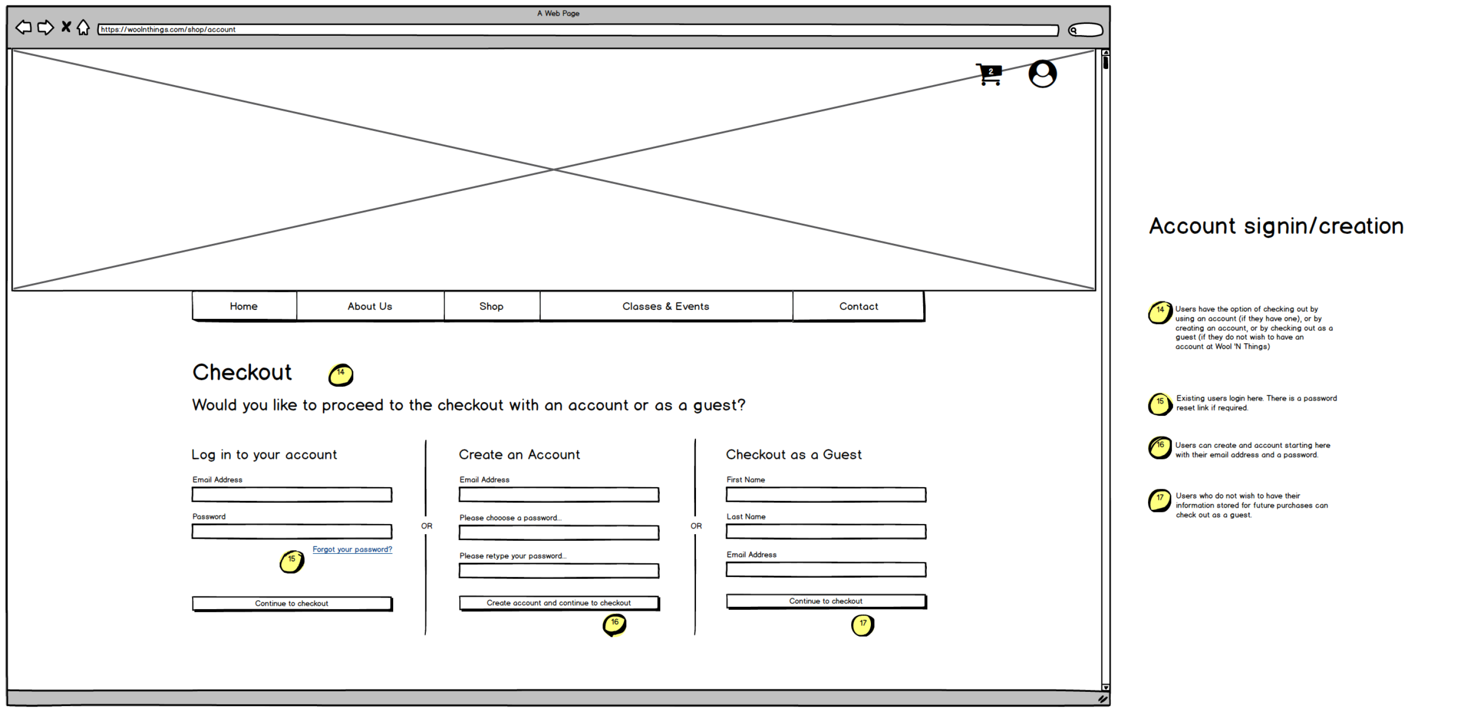 Account sign in and creation page of the Wool n' Things e-commerce site.