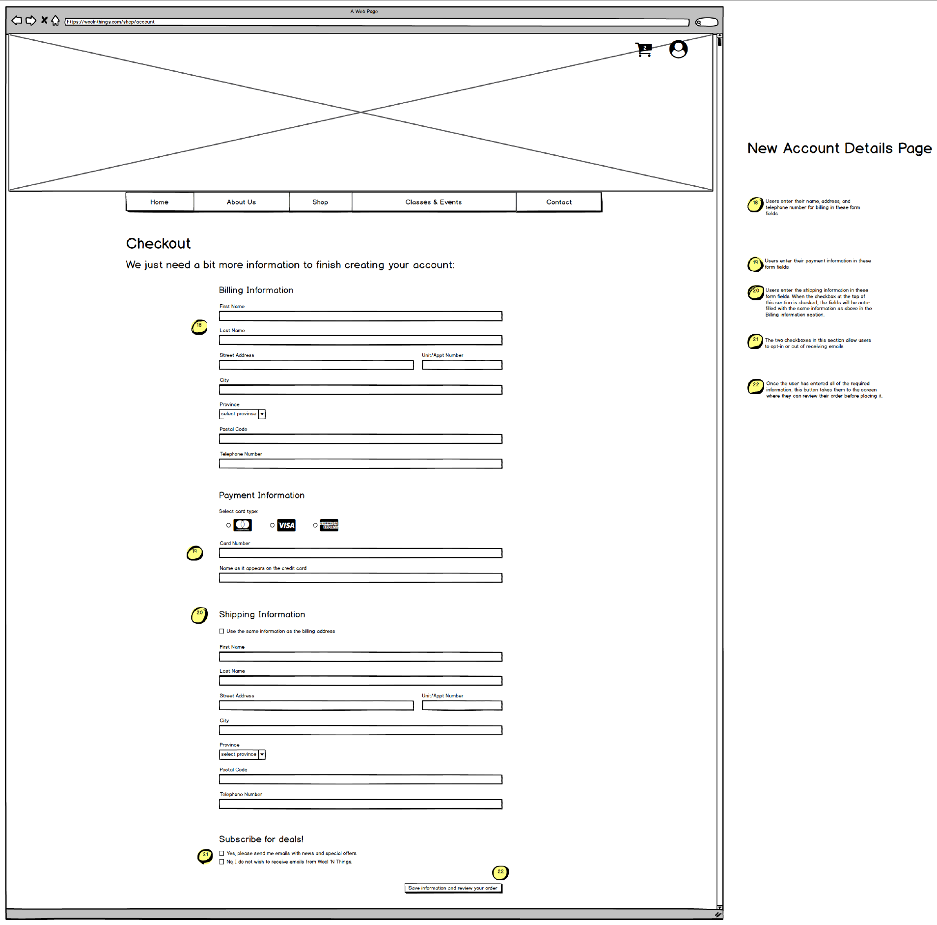 New account details page of the Wool n' Things e-commerce site.